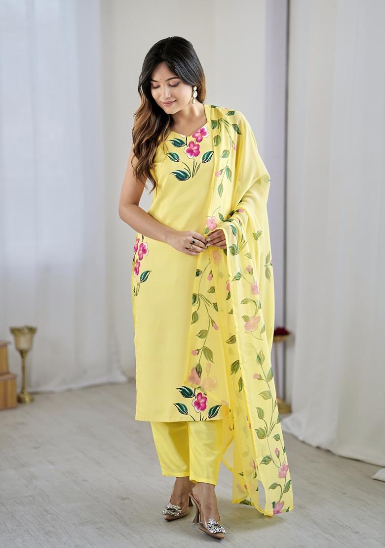 Yellow Embroidered Viscose Salwar Kameez With Dupatta - Indya