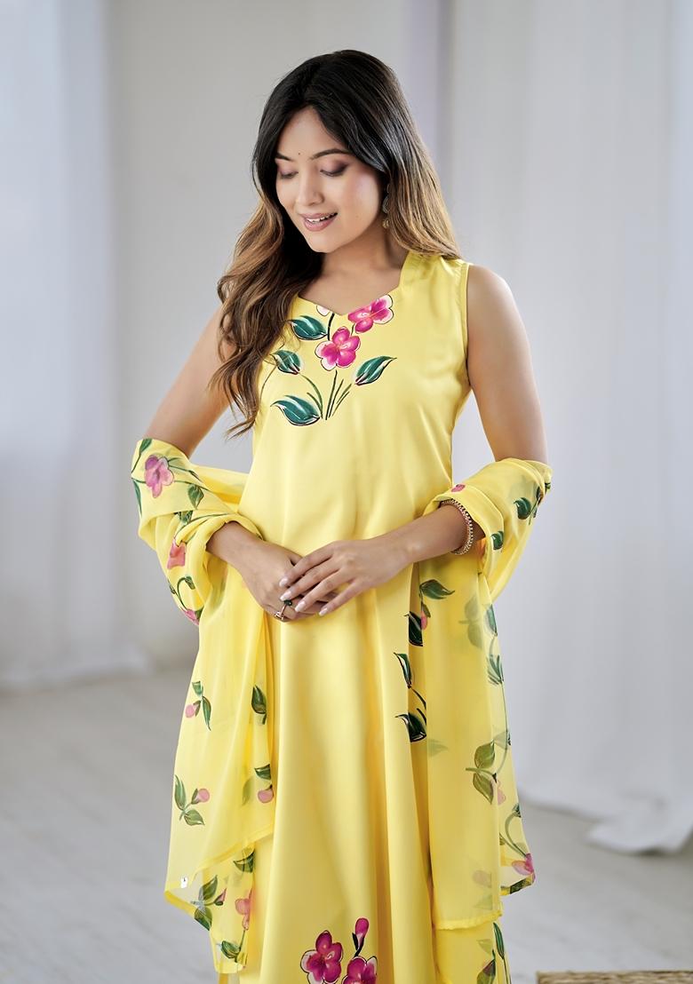 Yellow Embroidered Viscose Salwar Kameez With Dupatta - Indya