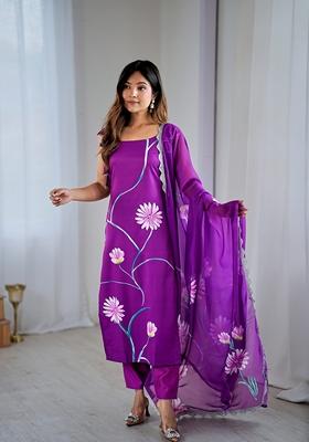 Purple Embroidered Viscose Salwar Kameez With Dupatta