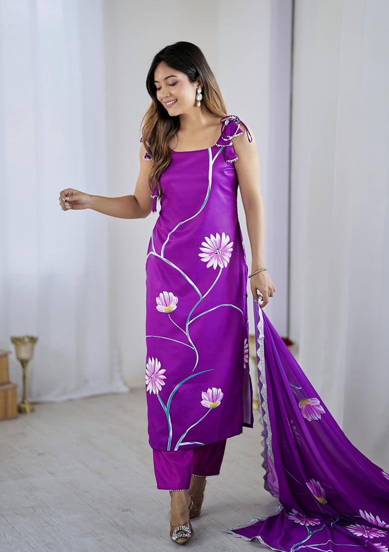 Purple Embroidered Viscose Salwar Kameez With Dupatta - Indya
