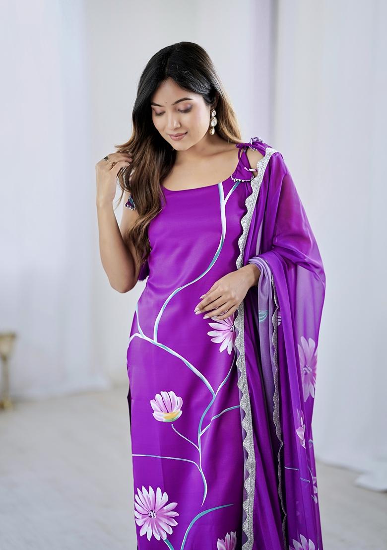 Purple Embroidered Viscose Salwar Kameez With Dupatta - Indya