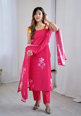 Pink Embroidered Viscose Salwar Kameez With Dupatta