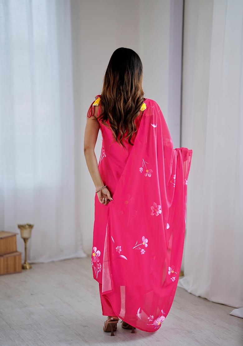 Pink Embroidered Viscose Salwar Kameez With Dupatta - Indya