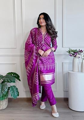 Purple Embroidered Viscose Salwar Kameez With Dupatta