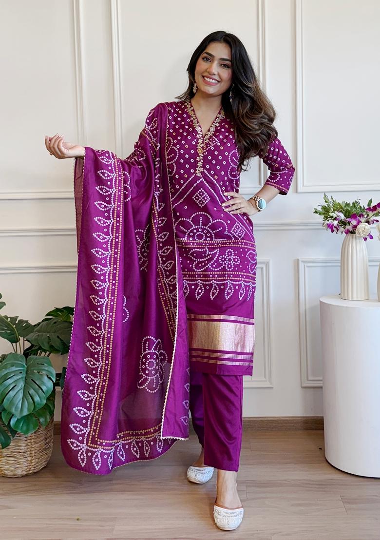 Purple Embroidered Viscose Salwar Kameez With Dupatta - Indya