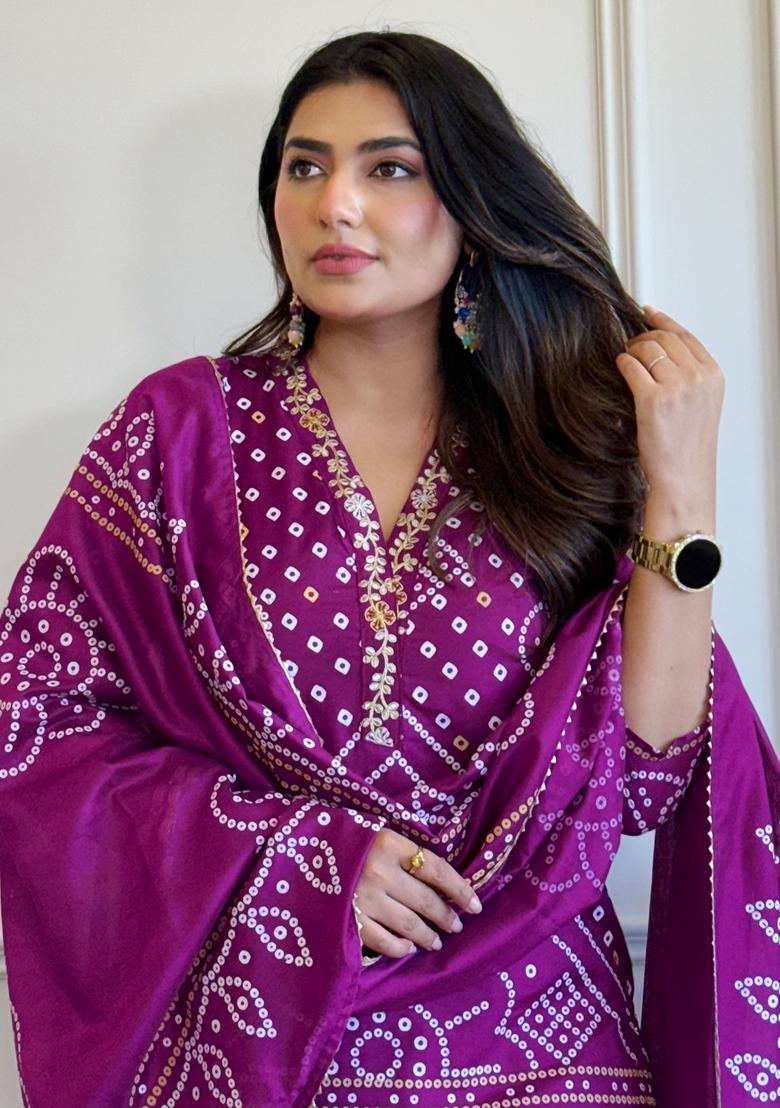 Purple Embroidered Viscose Salwar Kameez With Dupatta - Indya