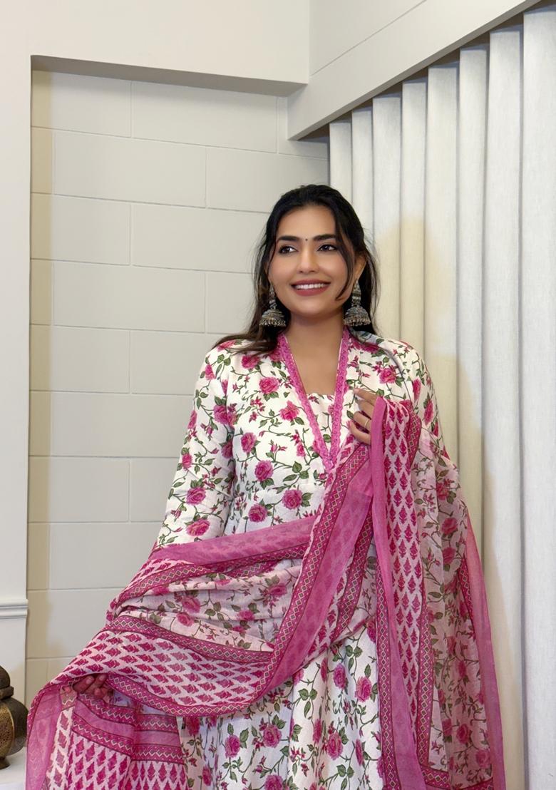 White Embroidered Cotton Anarkali Set With Dupatta - Indya