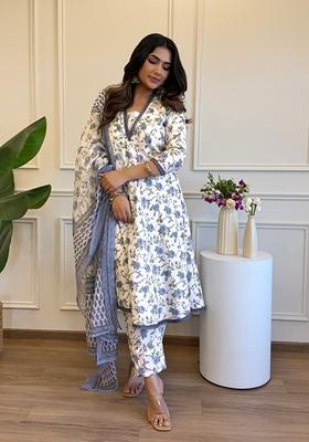 White Embroidered Cotton Anarkali Set With Dupatta