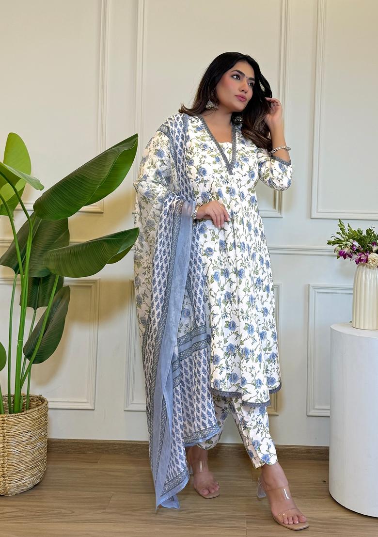 White Embroidered Cotton Anarkali Set With Dupatta - Indya