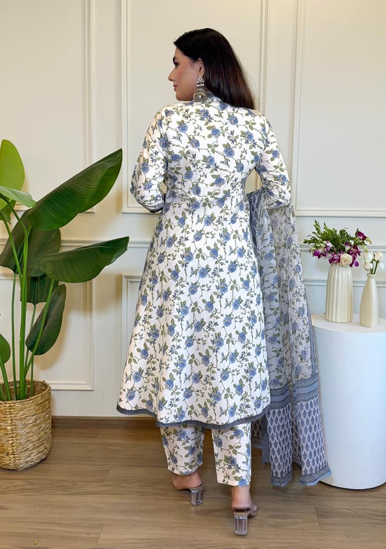 White Embroidered Cotton Anarkali Set With Dupatta - Indya