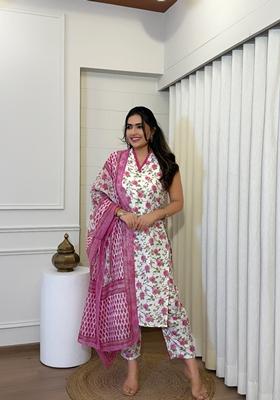 White Embroidered Cotton Salwar Kameez With Dupatta