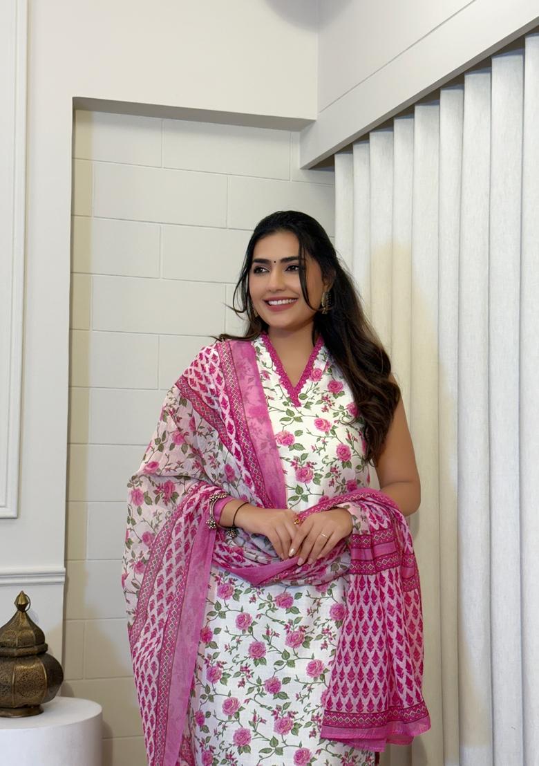 White Embroidered Cotton Salwar Kameez With Dupatta - Indya