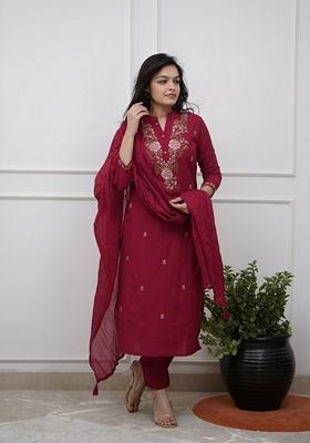 Maroon Embroidered Rayon Salwar Kameez With Dupatta