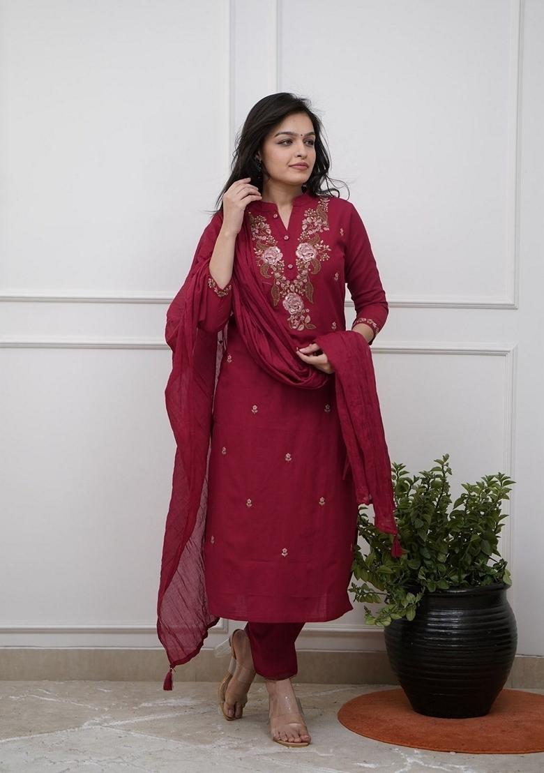 Maroon Embroidered Rayon Salwar Kameez With Dupatta - Indya