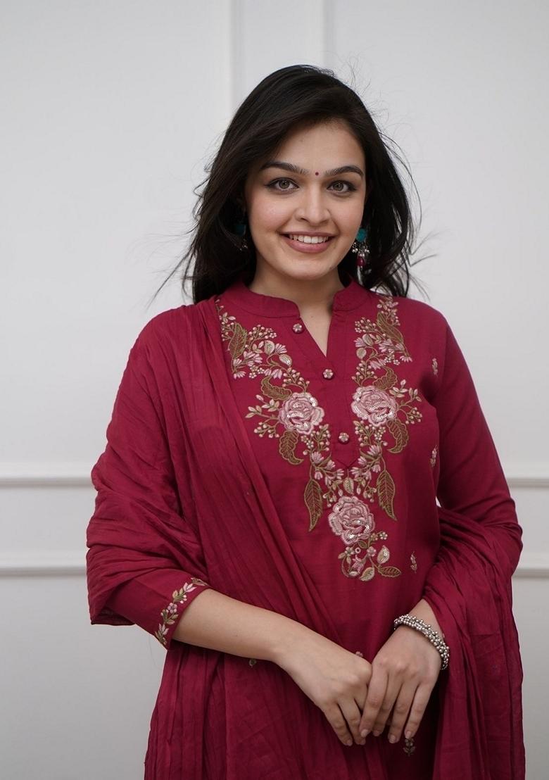 Maroon Embroidered Rayon Salwar Kameez With Dupatta - Indya