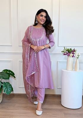 Purple Embroidered Silk Anarkali Set With Dupatta