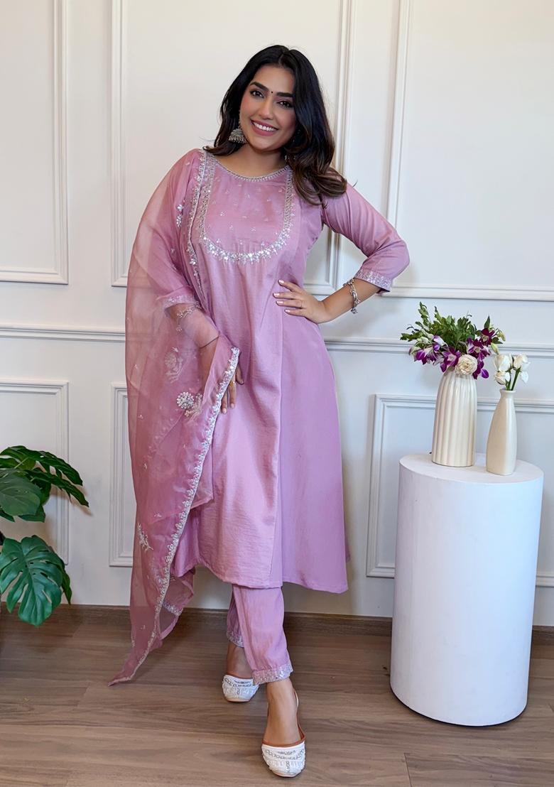 Purple Embroidered Silk Anarkali Set With Dupatta - Indya