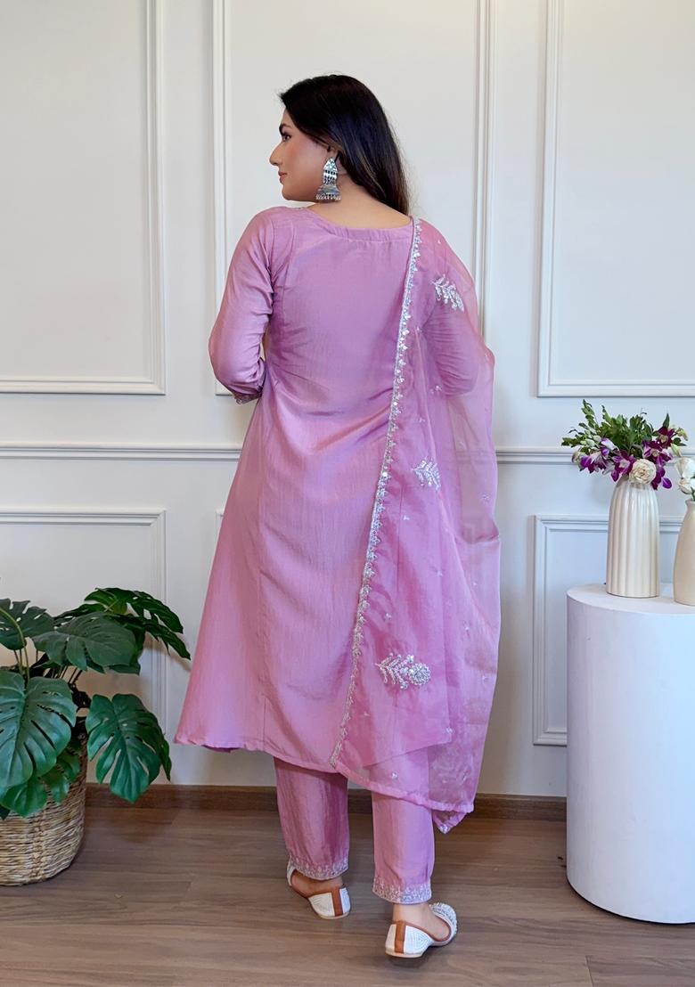 Purple Embroidered Silk Anarkali Set With Dupatta - Indya