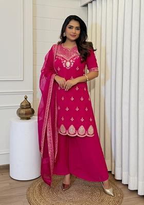 Pink Embroidered Georgette Palazzo Set With Dupatta