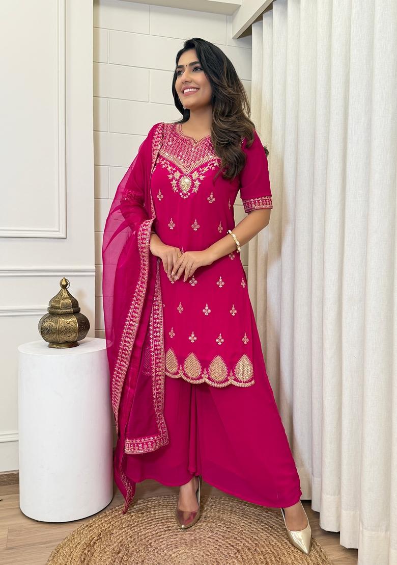 Pink Embroidered Georgette Palazzo Set With Dupatta - Indya