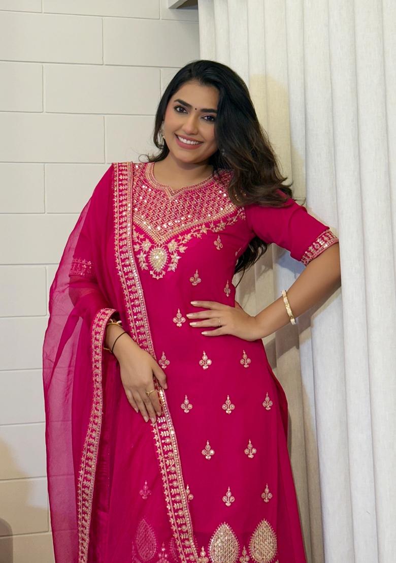 Pink Embroidered Georgette Palazzo Set With Dupatta - Indya