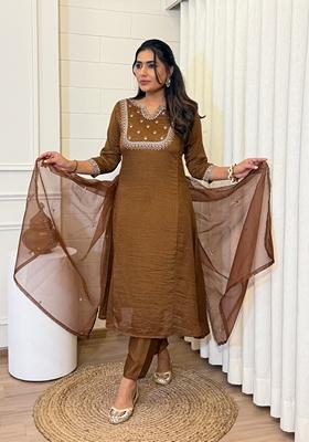 Brown Embroidered Silk Salwar Kameez With Dupatta