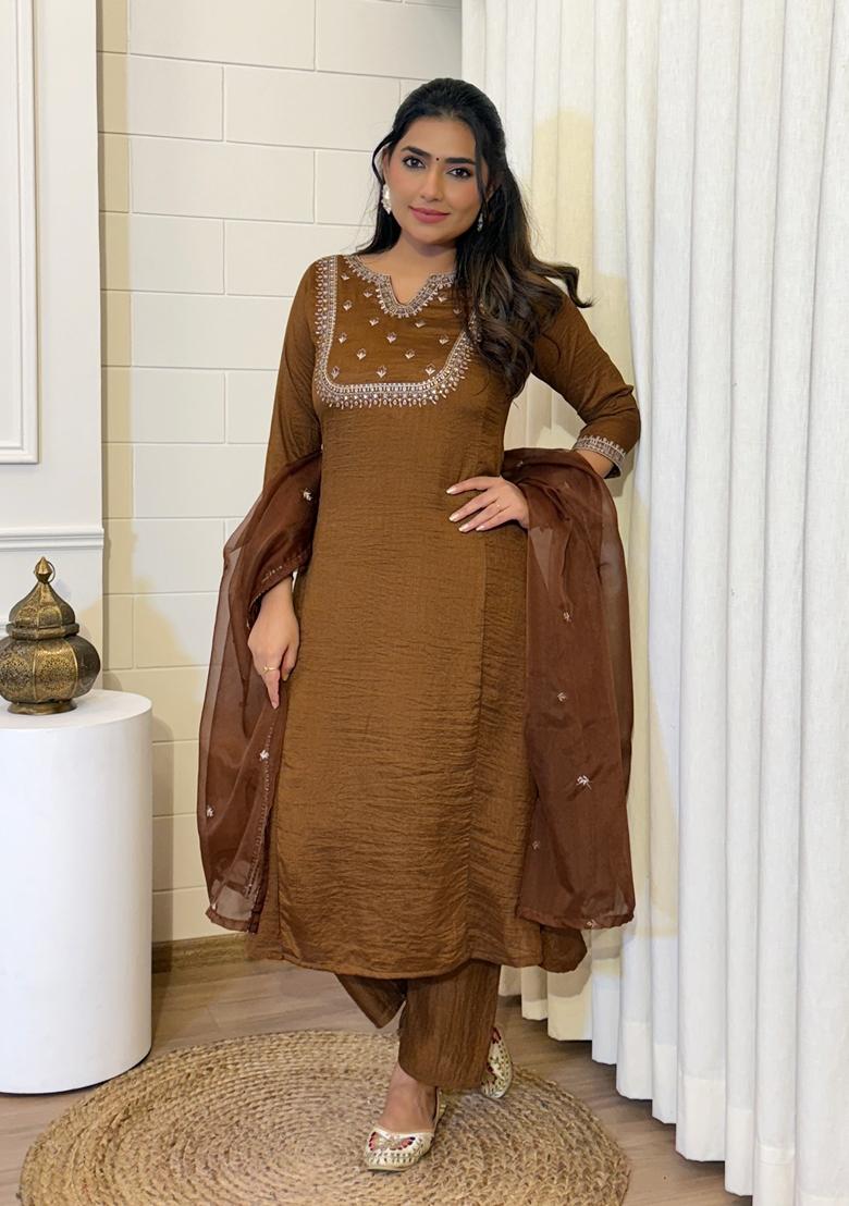 Brown Embroidered Silk Salwar Kameez With Dupatta - Indya