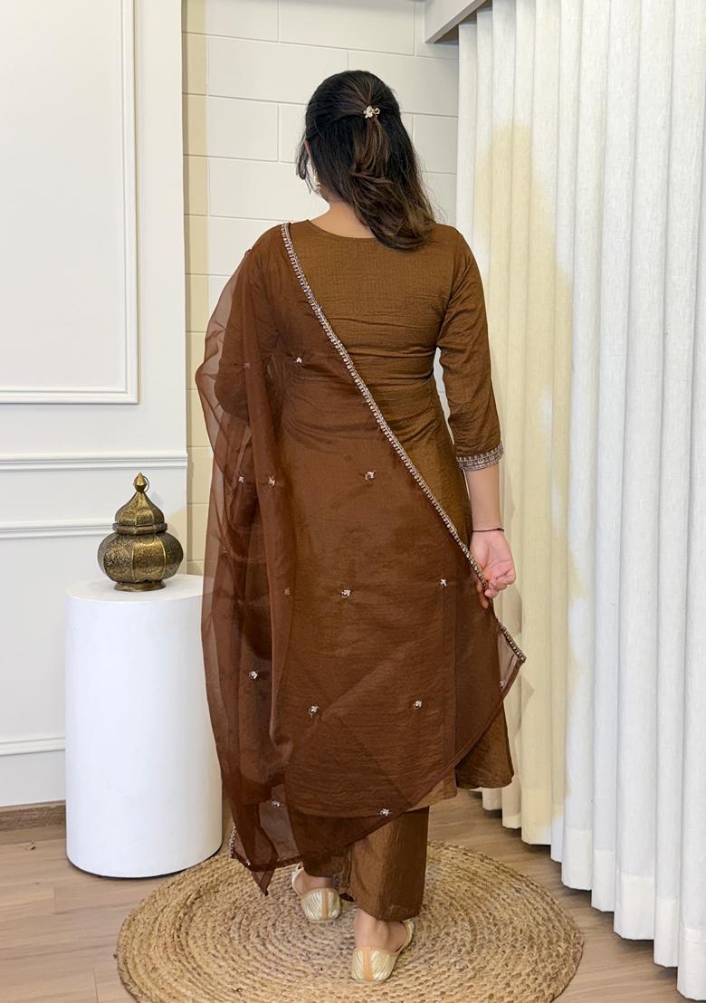 Brown Embroidered Silk Salwar Kameez With Dupatta - Indya