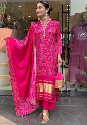 Pink Embroidered Viscose Salwar Kameez With Dupatta