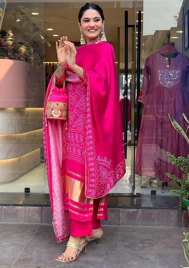 Pink Embroidered Viscose Salwar Kameez With Dupatta - Indya