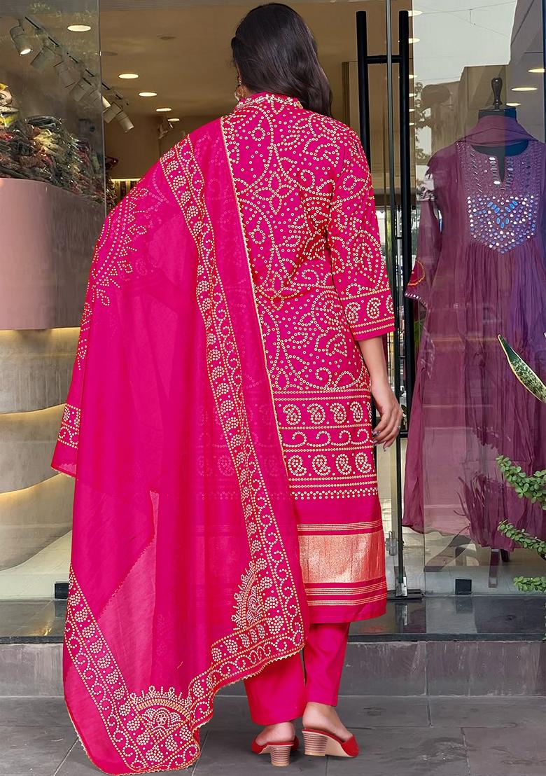 Pink Embroidered Viscose Salwar Kameez With Dupatta - Indya