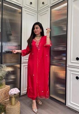 Red Embroidered Rayon Salwar Kameez With Dupatta