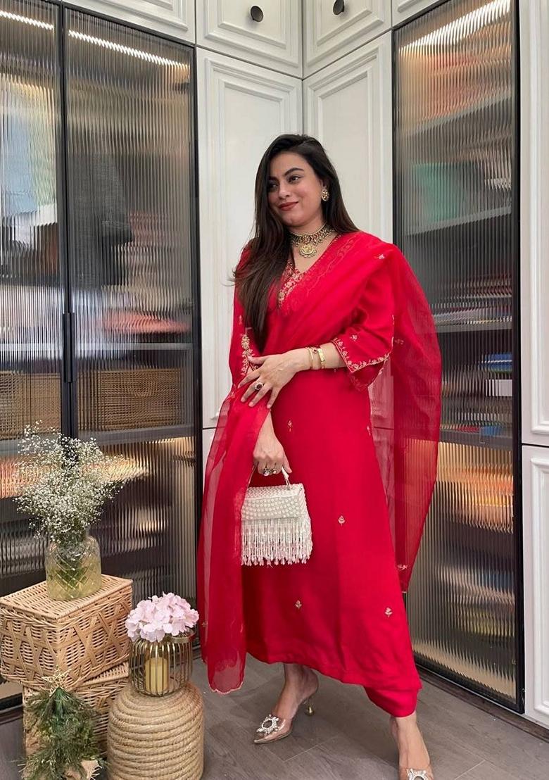 Red Embroidered Rayon Salwar Kameez With Dupatta - Indya