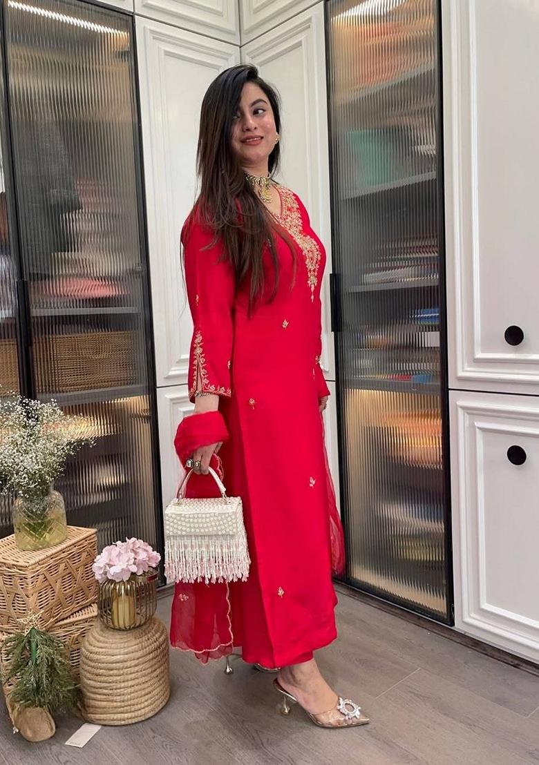 Red Embroidered Rayon Salwar Kameez With Dupatta - Indya