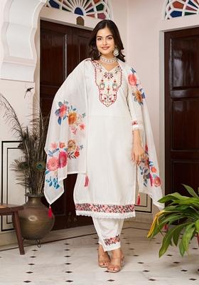 White Embroidered Chanderi Salwar Kameez With Dupatta