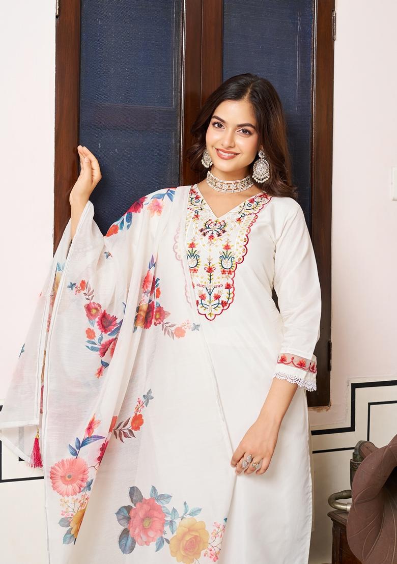 White Embroidered Chanderi Salwar Kameez With Dupatta - Indya