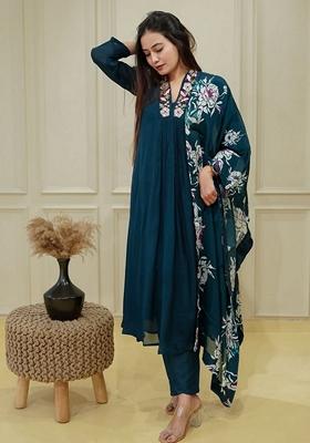 Blue Embroidered Chinon Anarkali Set With Dupatta