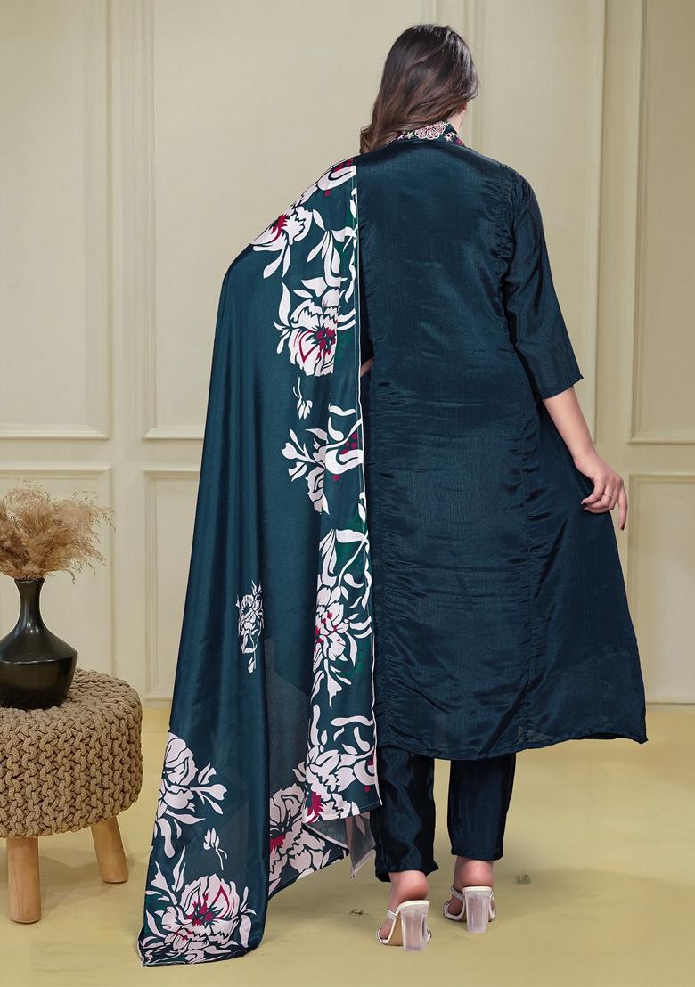 Blue Embroidered Chinon Anarkali Set With Dupatta - Indya