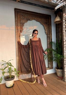 Brown Embroidered Cotton Anarkali Set With Dupatta