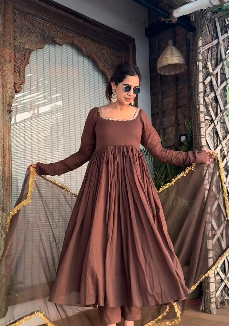 Brown Embroidered Cotton Anarkali Set With Dupatta - Indya