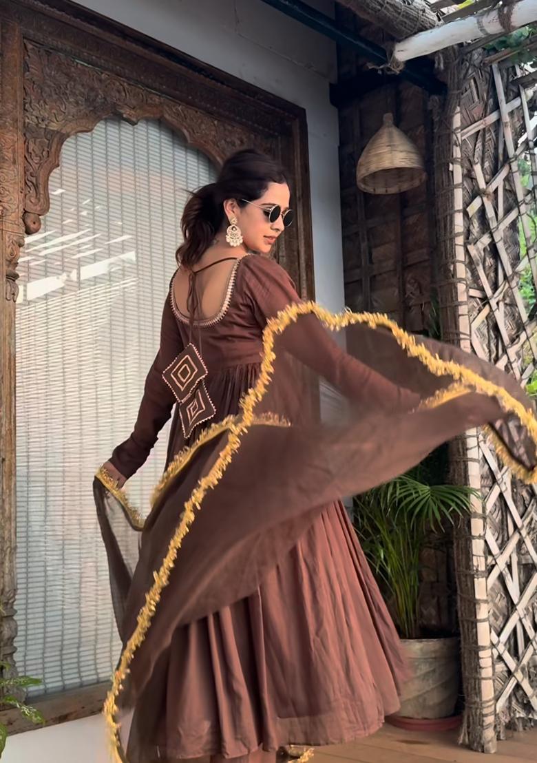 Brown Embroidered Cotton Anarkali Set With Dupatta - Indya