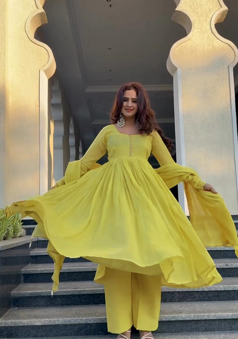 Yellow Embroidered Cotton Anarkali Set With Dupatta - Indya