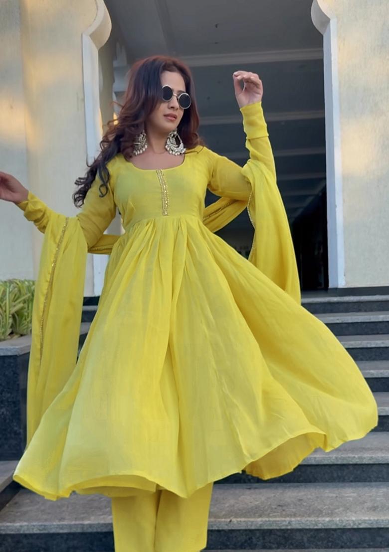 Yellow Embroidered Cotton Anarkali Set With Dupatta - Indya