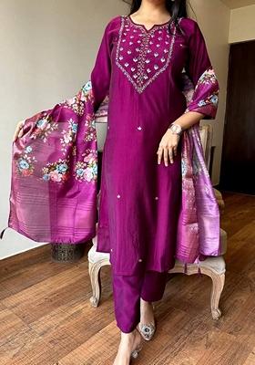Purple Embroidered Rayon Salwar Kameez With Dupatta