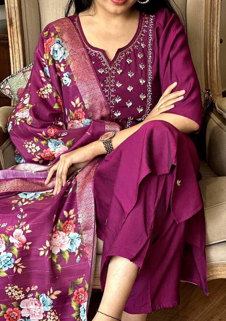 Purple Embroidered Rayon Salwar Kameez With Dupatta - Indya