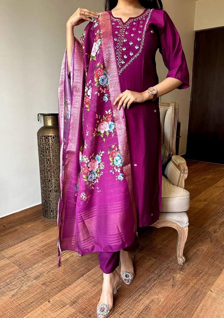 Purple Embroidered Rayon Salwar Kameez With Dupatta - Indya