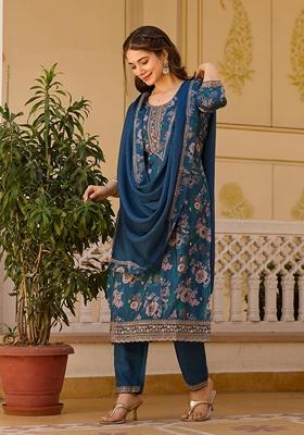 Blue Embroidered Chinon Salwar Kameez With Dupatta