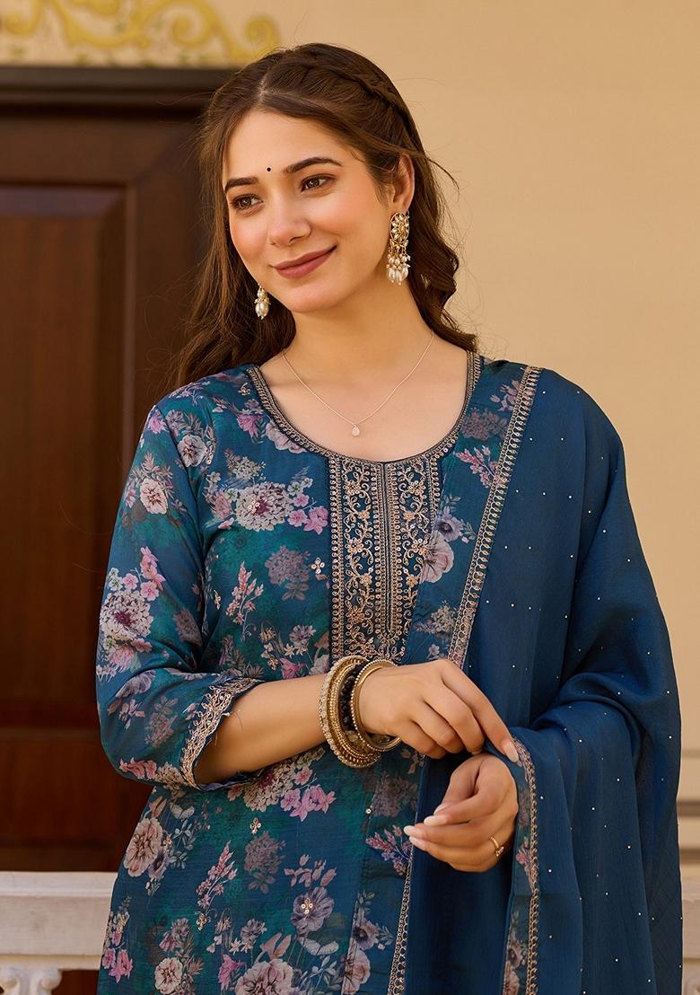 Blue Embroidered Chinon Salwar Kameez With Dupatta - Indya