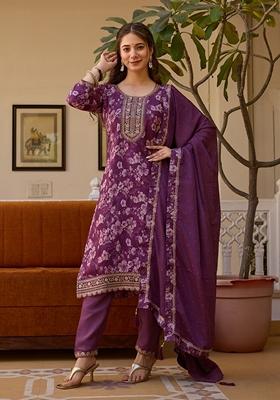 Purple Embroidered Chinon Salwar Kameez With Dupatta