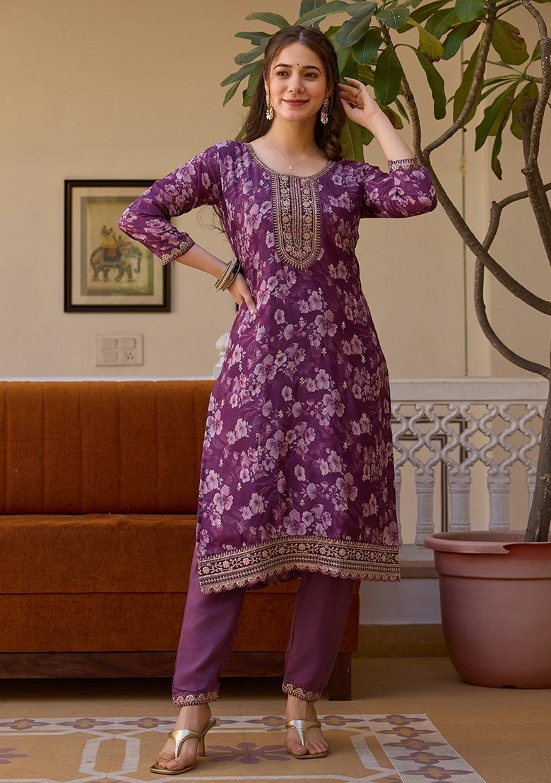 Purple Embroidered Chinon Salwar Kameez With Dupatta - Indya